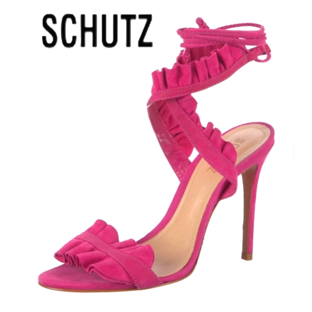 🎀Clearance🎀 Schutz PINK Suede Ruffle Embellishment Sandals Heels 4" Heels - Picture 1 of 6